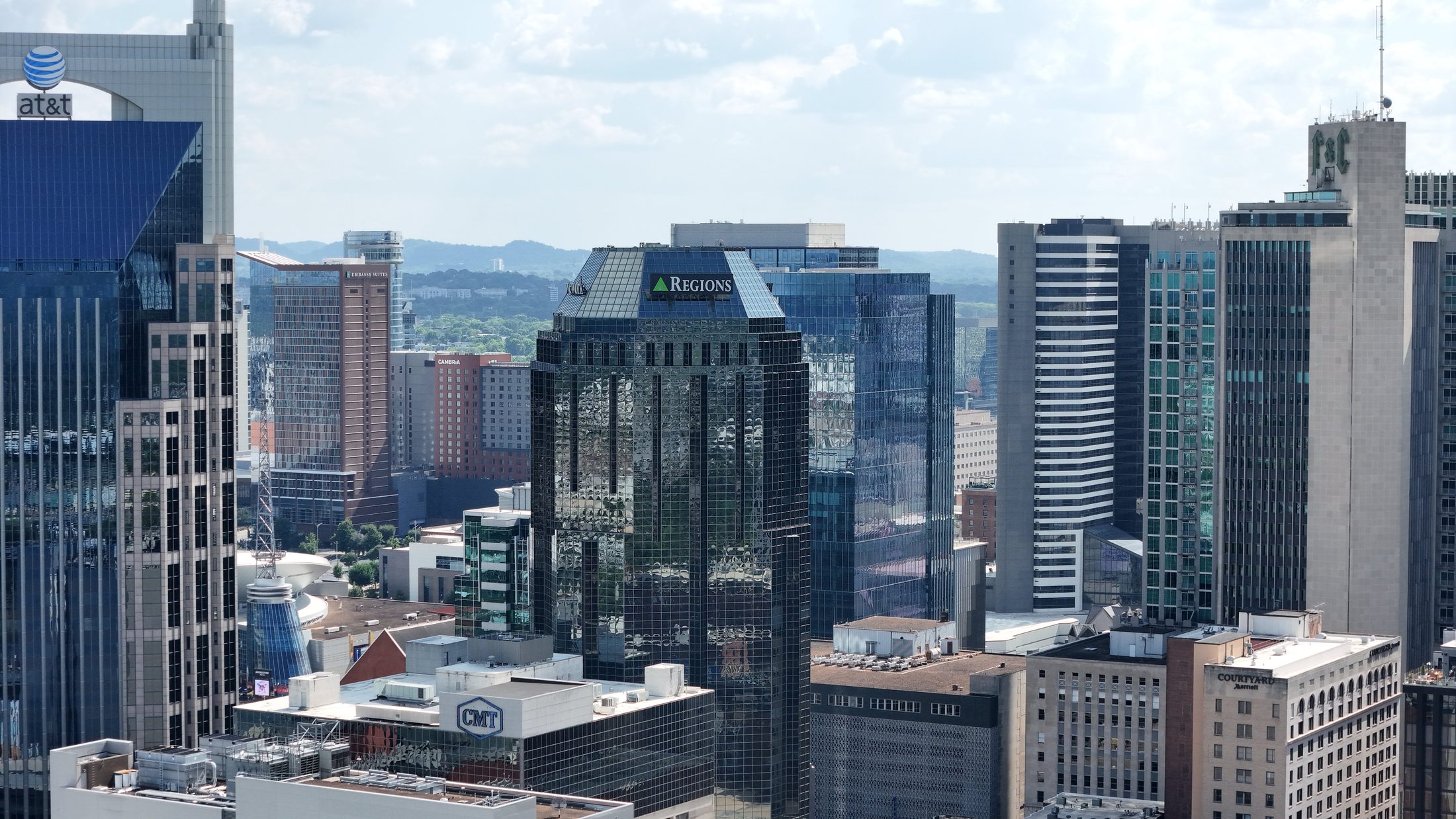 Aerial view of the downtown Nashville skyline captured by a UUAS drone