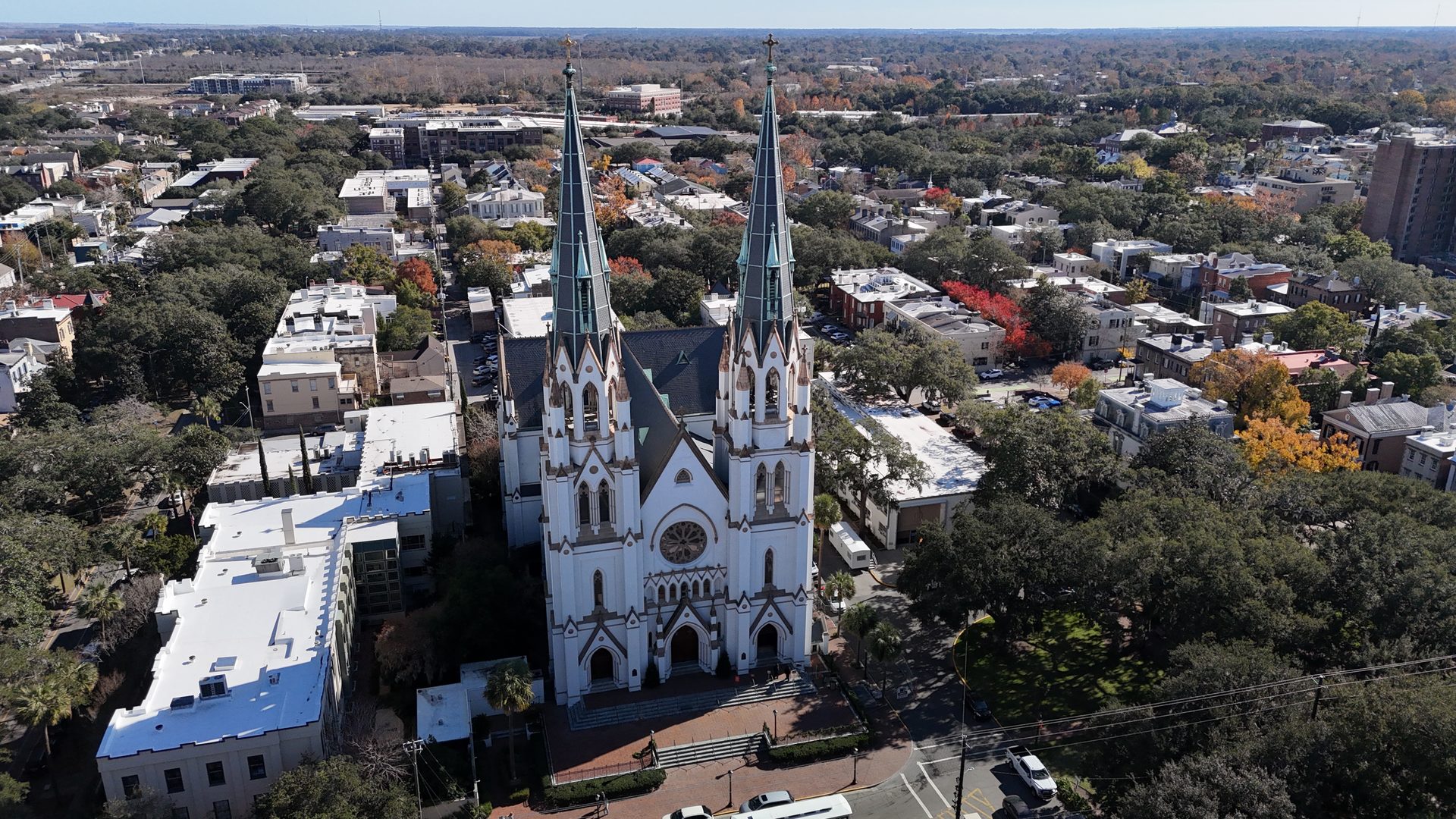Aerial of the twin spires of the Cathedral Basilica of St. John the Baptist in Savannah, Georgia